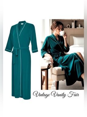 Vintage Vanity Fair Teal Robe USA Made Belted Long Lounge Medium